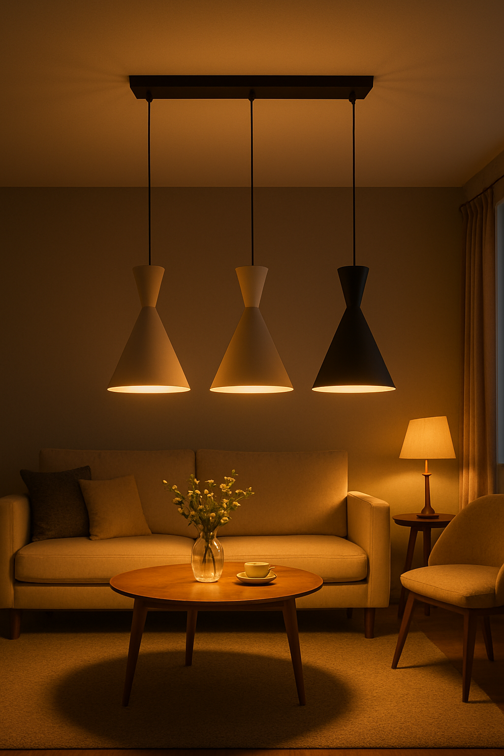 POWERLAM Modern Triple Cone Pendant Light | Ceiling Hanging Light for Living Room, Dining, Kitchen | Decorative Designer Suspension Lamp (Matte Black & White)