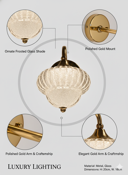 Powerlam Luxury Modern Wall Sconce, Polished Gold Metal with Frosted Glass Shade, Elegant Ornate Design, Indoor Light Fixture