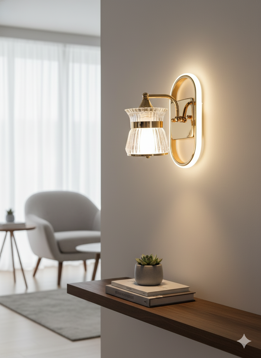 Powerlam Luxury Modern Wall Sconce, Fluted Crystal Glass Shade with Polished Gold Finish, Metal and Glass Construction