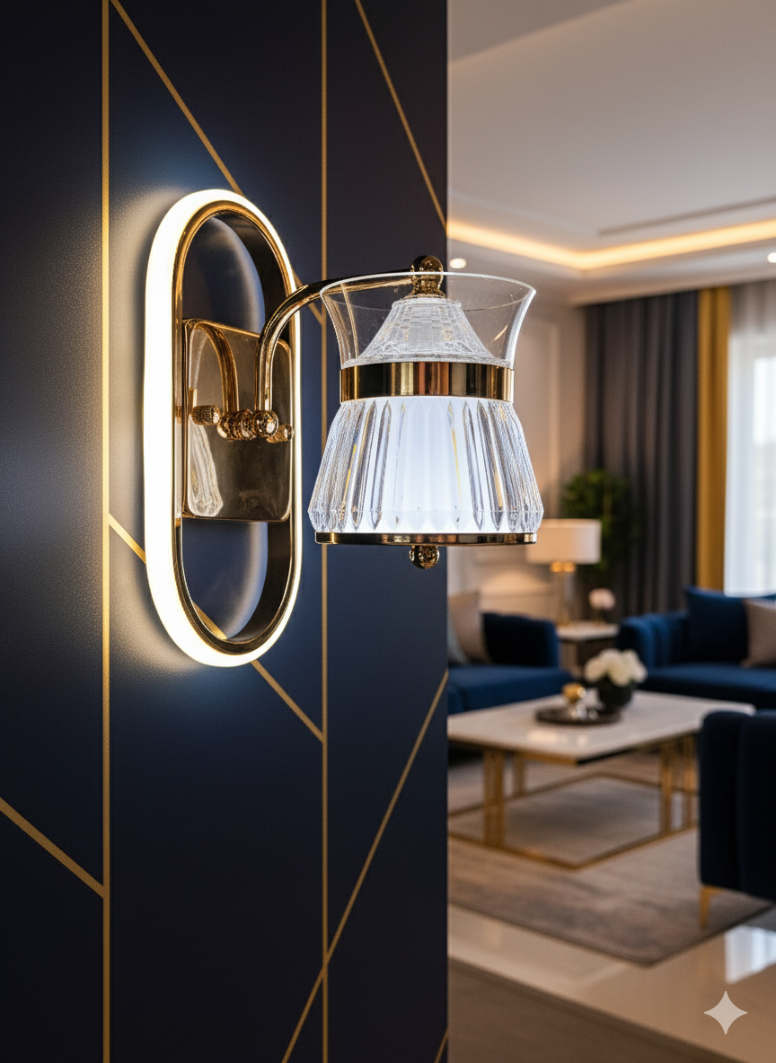 Powerlam Polished Gold Dual Light Fluted Glass Wall Sconce