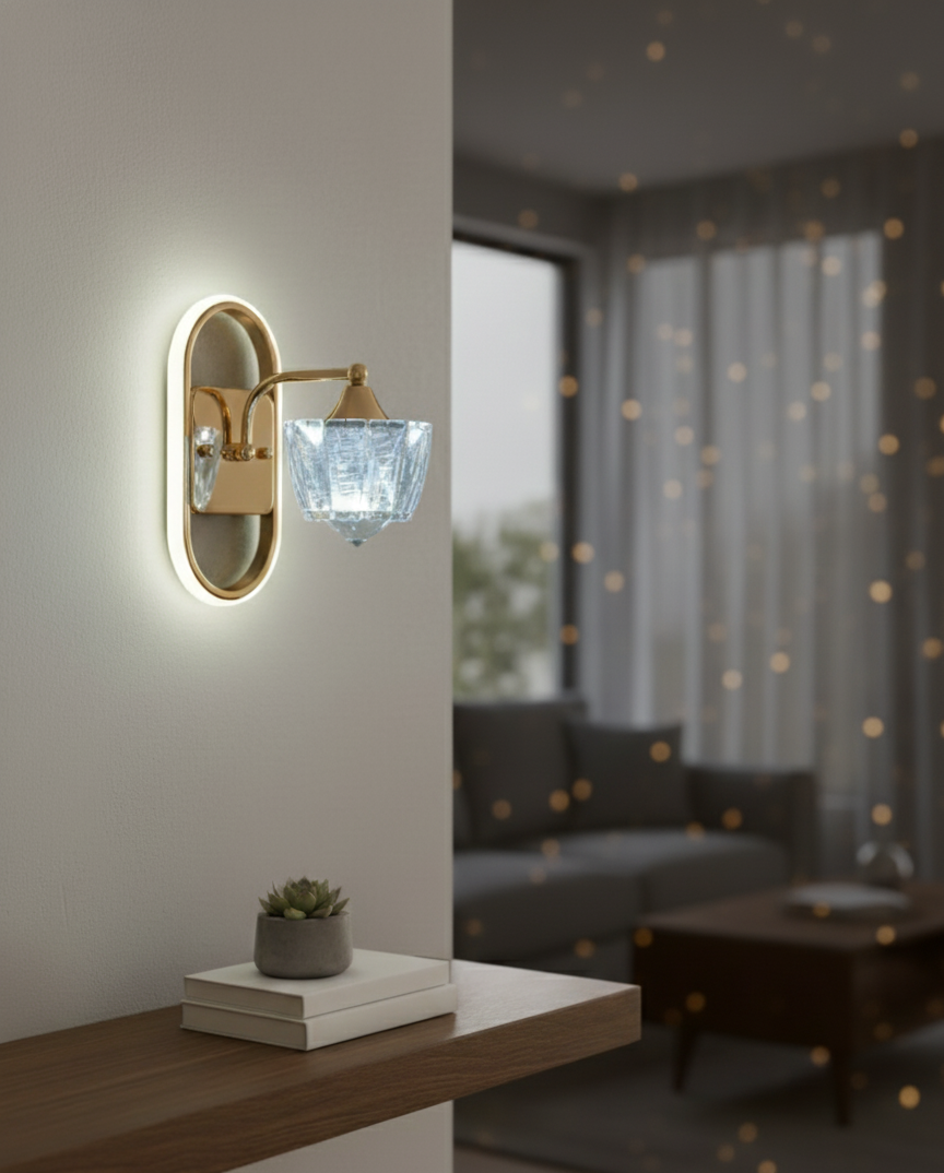 Powerlam Luxury Modern Wall Sconce, Gold Metal Frame with Crystal Glass Shade, LED Backlit Oval Design, Indoor Lighting Fixture