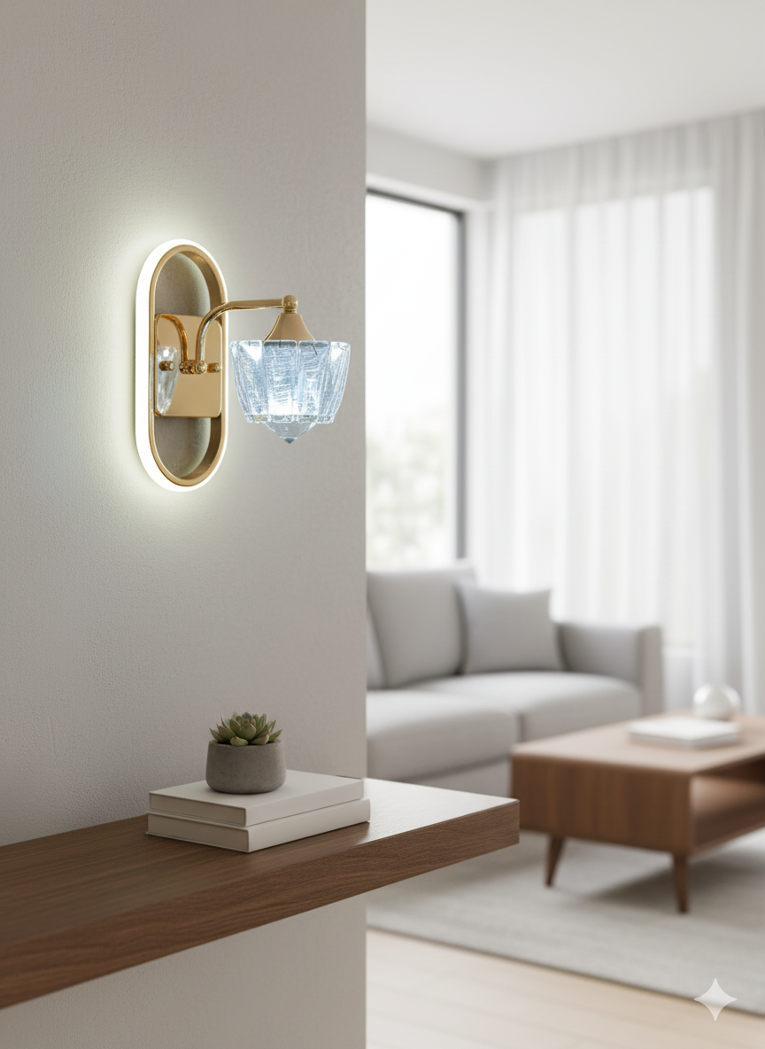 Powerlam Luxury Modern Wall Sconce, Gold Metal Frame with Crystal Glass Shade, LED Backlit Oval Design, Indoor Lighting Fixture