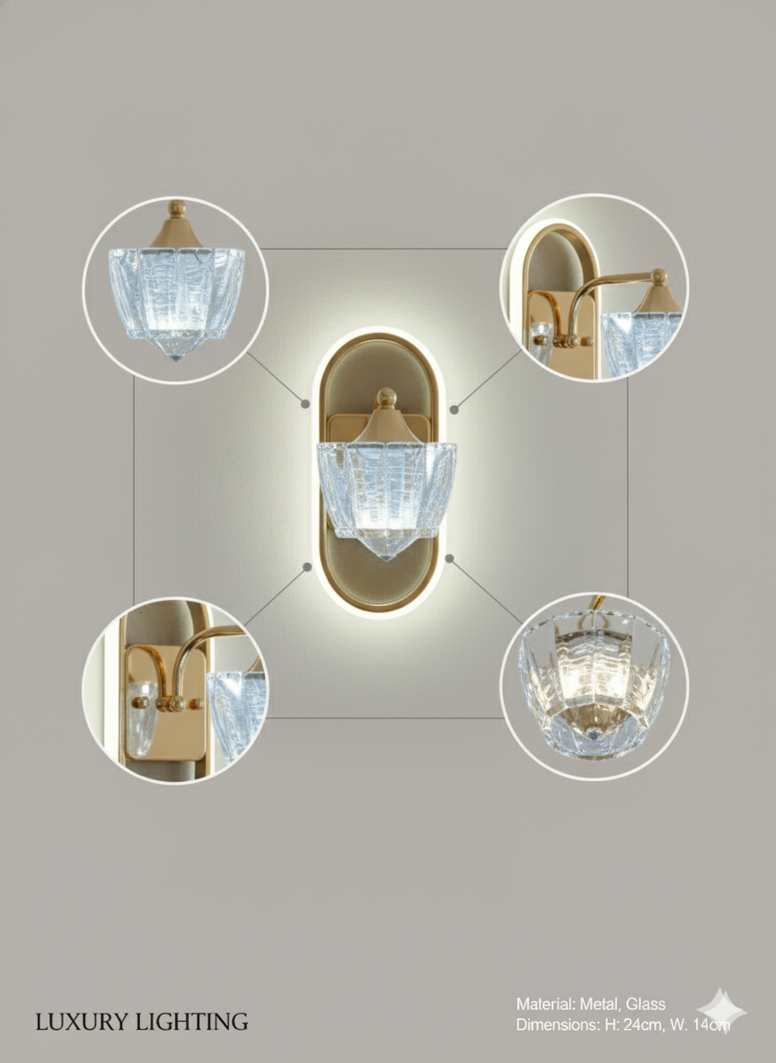 Powerlam Luxury Modern Wall Sconce, Gold Metal Frame with Crystal Glass Shade, LED Backlit Oval Design, Indoor Lighting Fixture