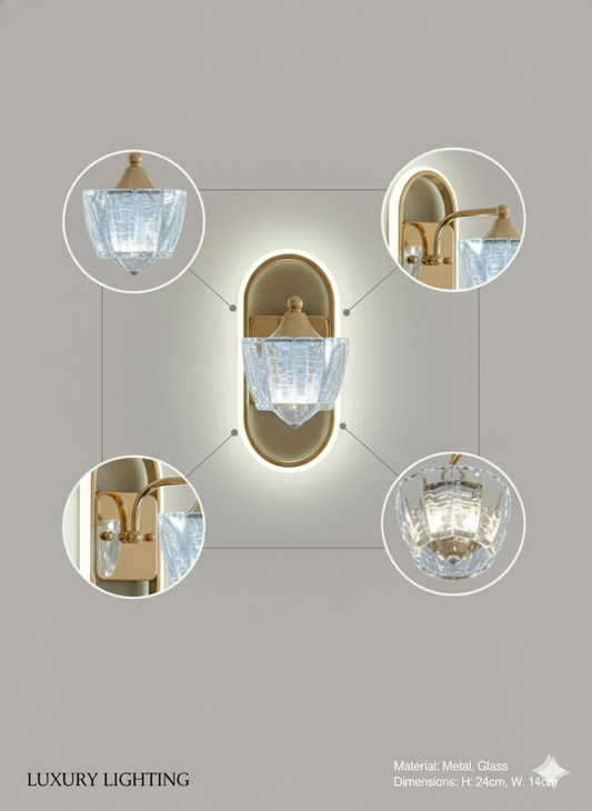 Powerlam Luxury Modern Wall Sconce, Gold Metal Frame with Crystal Glass Shade, LED Backlit Oval Design, Indoor Lighting Fixture