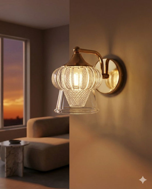 POWERLAM Luxury Crystal Glass Wall Light | Modern Gold Wall Lamp for Living Room, Bedroom & Hallway | Decorative LED Wall Sconce