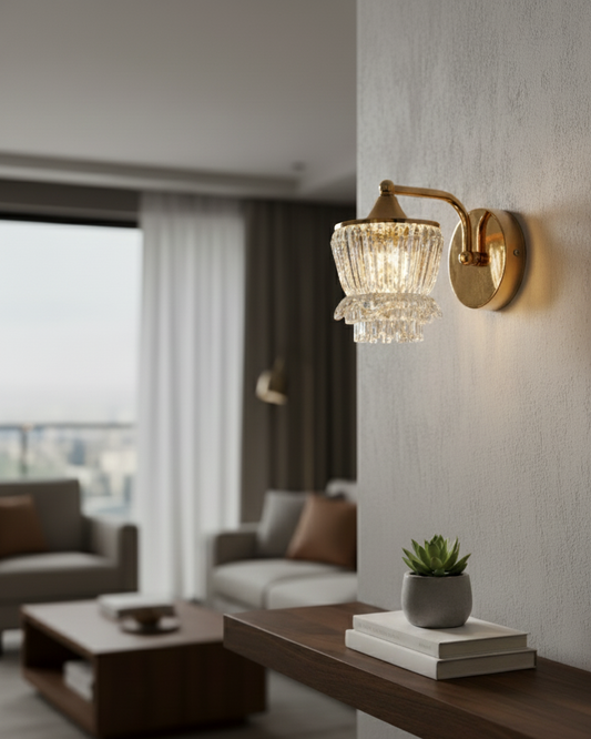 Powerlam Luxury Crystal Glass Wall Sconce, Brass Gold Metal Base, Modern Tiered Design, Indoor Decorative Lighting Fixture