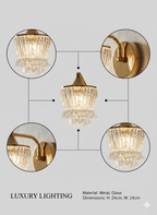Powerlam Luxury Crystal Glass Wall Sconce, Brass Gold Metal Base, Modern Tiered Design, Indoor Decorative Lighting Fixture