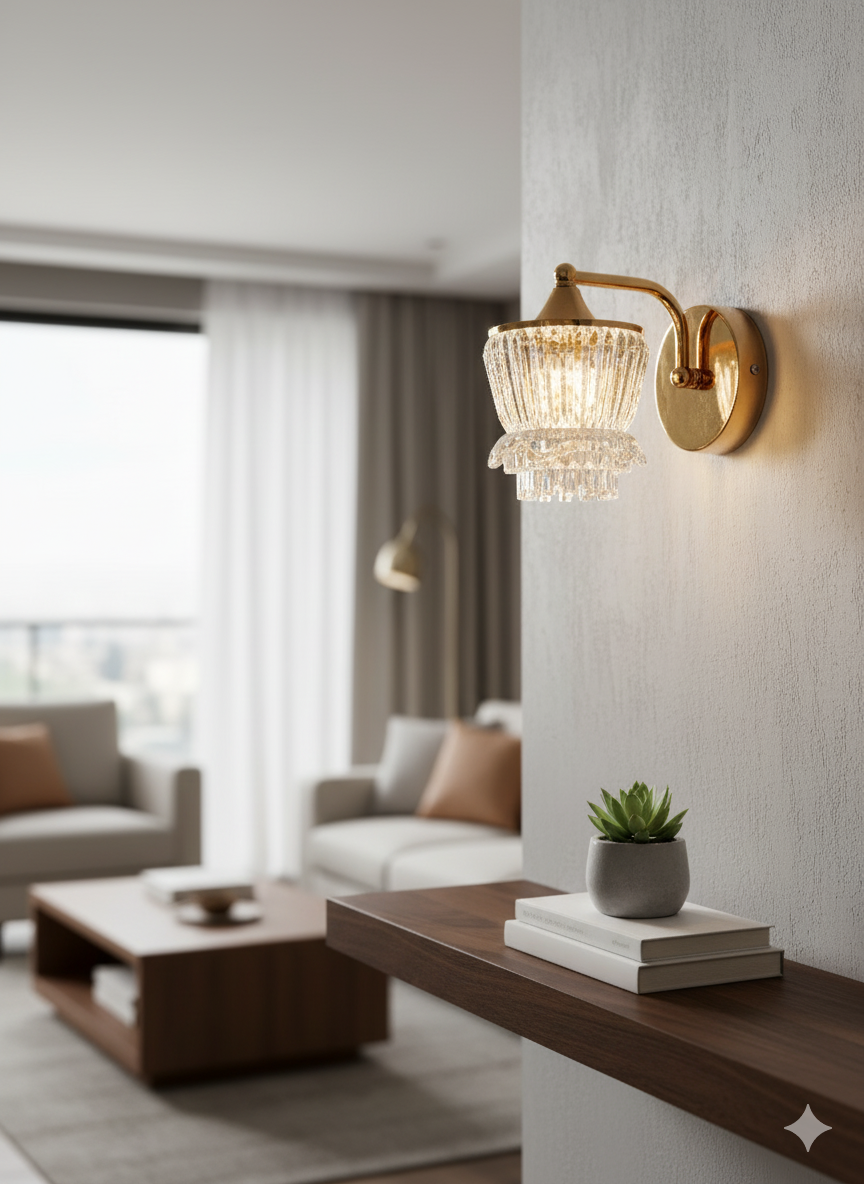 Powerlam Luxury Crystal Glass Wall Sconce, Brass Gold Metal Base, Modern Tiered Design, Indoor Decorative Lighting Fixture