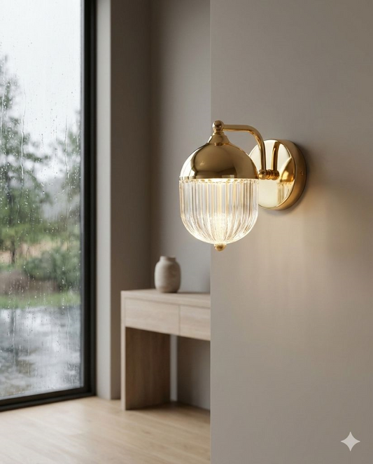 POWERLAM Modern Gold Wall Light with Ribbed Glass Shade | Luxury LED Wall Sconce for Bedroom, Living Room & Hallway | Decorative Home Lighting