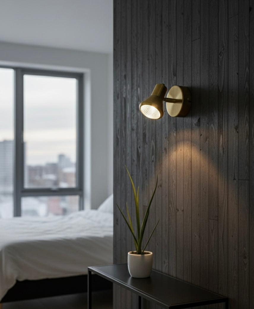 Powerlam Modern LED Wall Sconce, Adjustable Brass Spotlight, Warm White Light, Contemporary Directional Wall Mount Light Fixture for Bedroom, Living Room