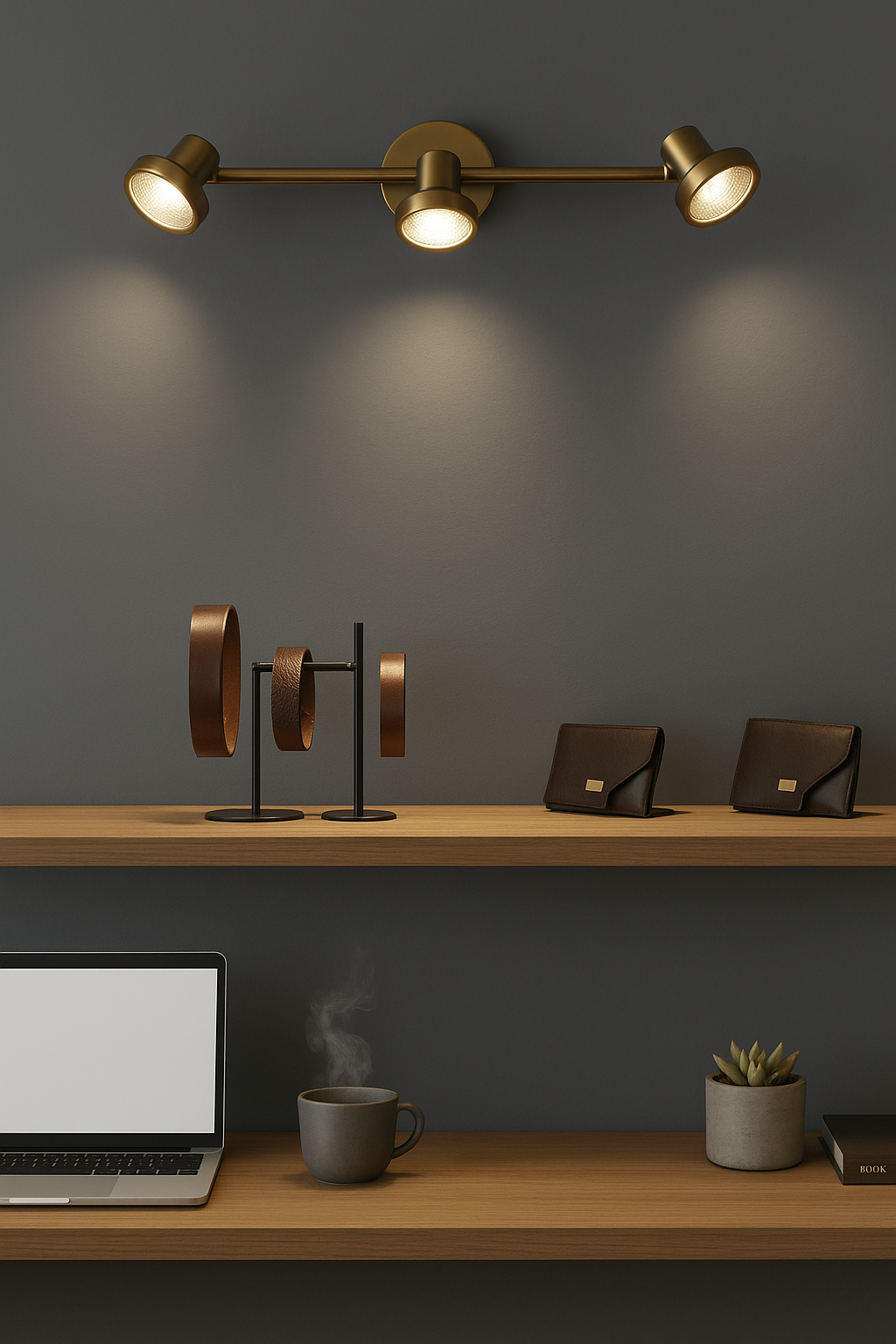 Powerlam Modern LED Track Light Fixture, Brass, 3-Light Adjustable Spotlights, Wall Mounted, for Home Office