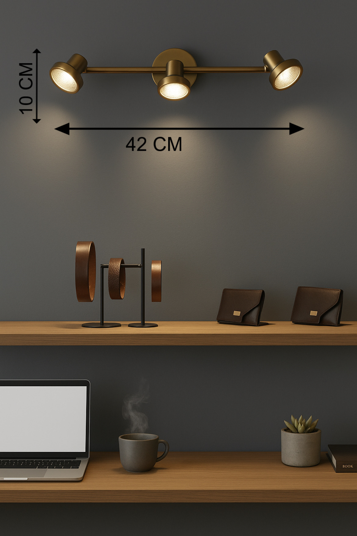 Powerlam Modern LED Track Light Fixture, Brass, 3-Light Adjustable Spotlights, Wall Mounted, for Home Office