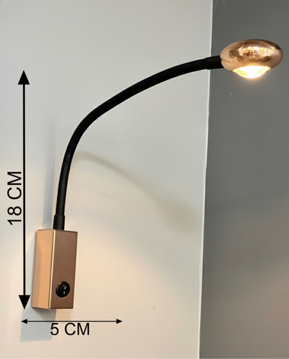 Powerlam Modern LED Wall Sconce Light, Flexible Gooseneck, Gold Base with Black Arm, 18cm Height, 5cm Depth, Contemporary Reading Lamp
