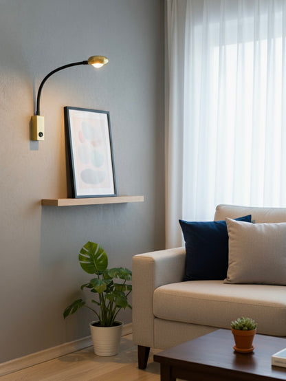 Powerlam Modern LED Wall Sconce Light, Flexible Gooseneck, Gold Base with Black Arm, 18cm Height, 5cm Depth, Contemporary Reading Lamp