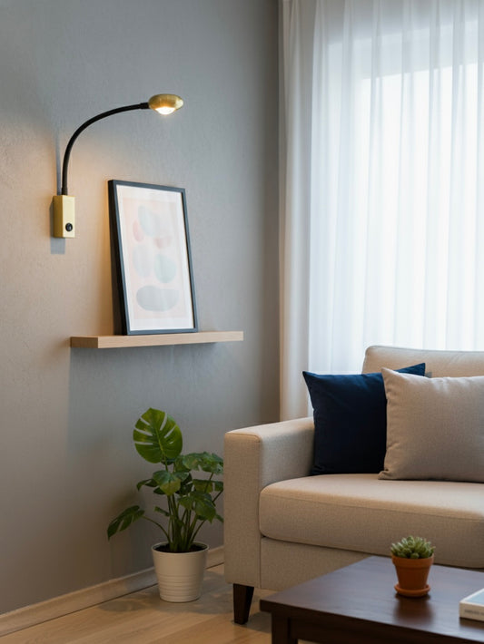 Powerlam Modern LED Wall Sconce Light, Flexible Gooseneck, Gold Base with Black Arm, 18cm Height, 5cm Depth, Contemporary Reading Lamp