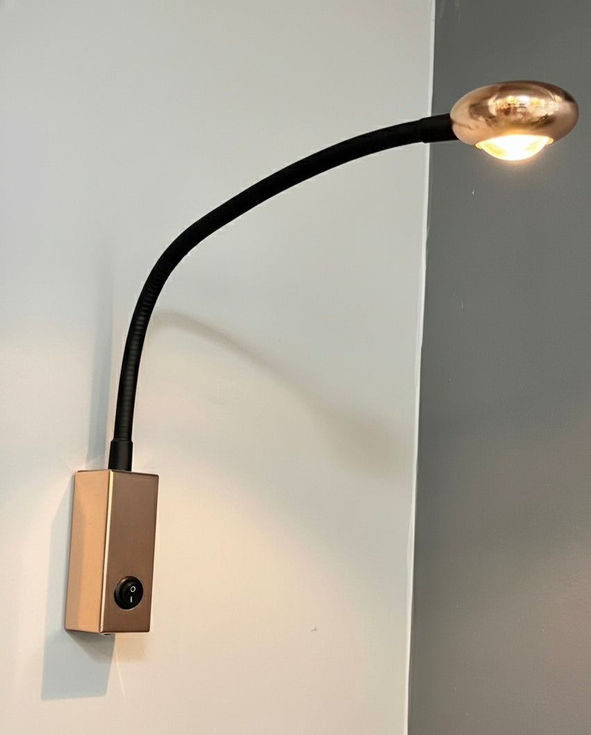 Powerlam Modern LED Wall Sconce Light, Flexible Gooseneck, Gold Base with Black Arm, 18cm Height, 5cm Depth, Contemporary Reading Lamp