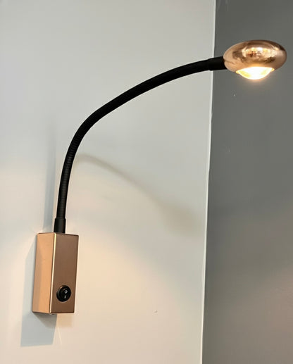 Powerlam Modern LED Wall Sconce Light, Flexible Gooseneck, Gold Base with Black Arm, 18cm Height, 5cm Depth, Contemporary Reading Lamp