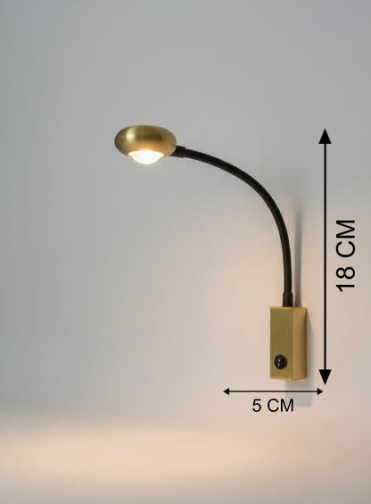 Powerlam Modern LED Wall Sconce, Flexible Gooseneck Reading Light, Brass Gold and Black, 18cm Height, Wall-Mounted Bedside Lamp with Switch
