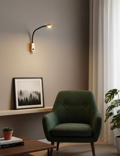 Powerlam Modern LED Wall Sconce, Flexible Gooseneck Reading Light, Brass Gold and Black, 18cm Height, Wall-Mounted Bedside Lamp with Switch