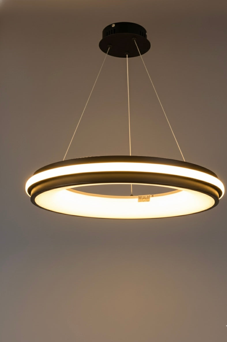 Powerlam Modern LED Ring Pendant Light, Black, 52cm Diameter, 8cm Height, 3-Color Temperature Options, Suspended Ceiling Chandelier for Living Room