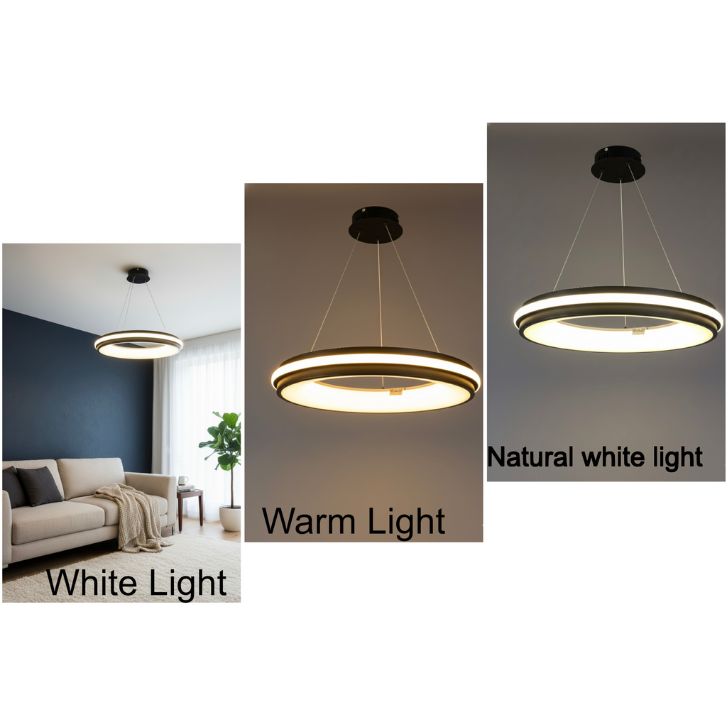 Powerlam Modern LED Ring Pendant Light, Black, 52cm Diameter, 8cm Height, 3-Color Temperature Options, Suspended Ceiling Chandelier for Living Room