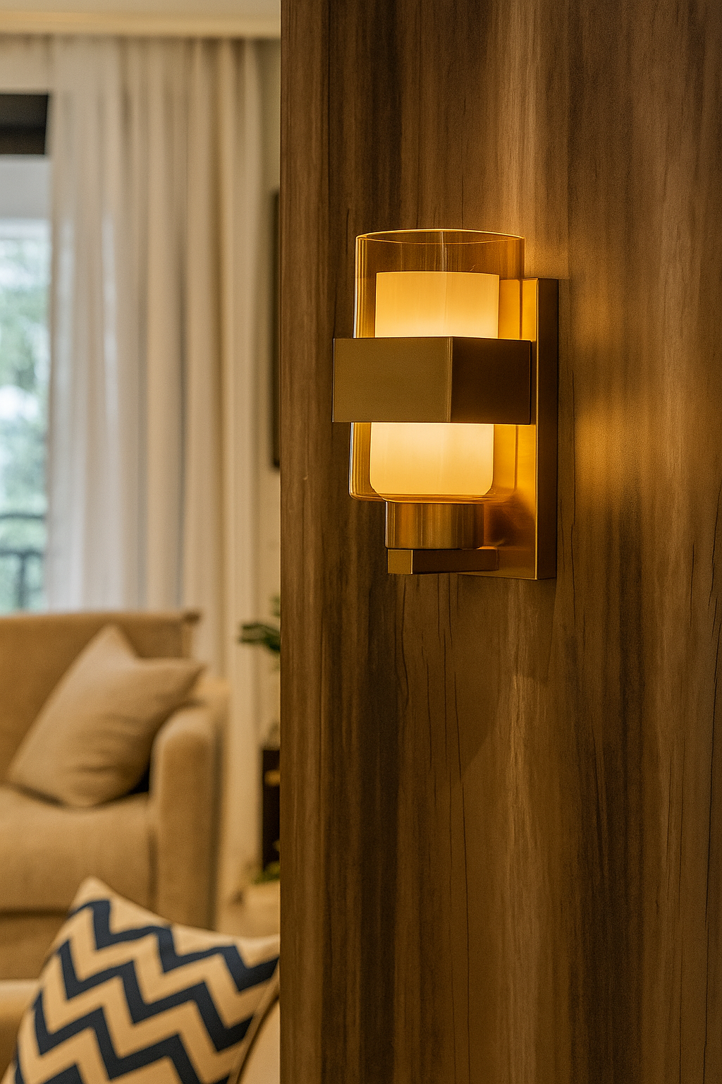 Powerlam Modern Glass Wall Sconce, Brushed Brass Finish, Cylindrical Shade