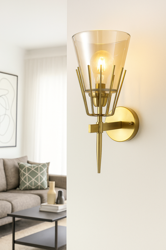 Powerlam Modern Gold Wall Sconce with Clear Glass Shade | Industrial Vintage Wall Light Fixture | Decorative Wall Lamp for Living Room, Bedroom, Hallway