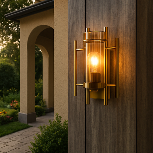 Powerlam Modern Wall Sconce Light with Glass Cylinder Shade, Gold Metal Frame, Industrial Style