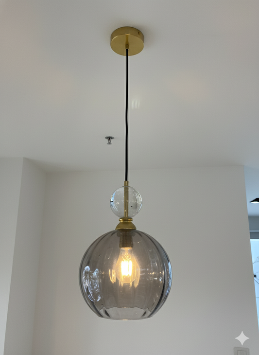 Powerlam Modern Glass Globe Pendant Light, Smoke Grey Shade with Brass Finish, Contemporary Ceiling Lamp