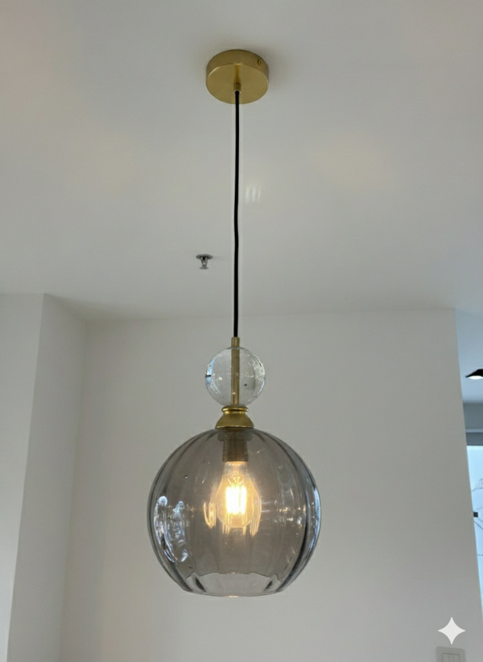 Powerlam Modern Glass Globe Pendant Light, Smoke Grey Shade with Brass Finish, Contemporary Ceiling Lamp