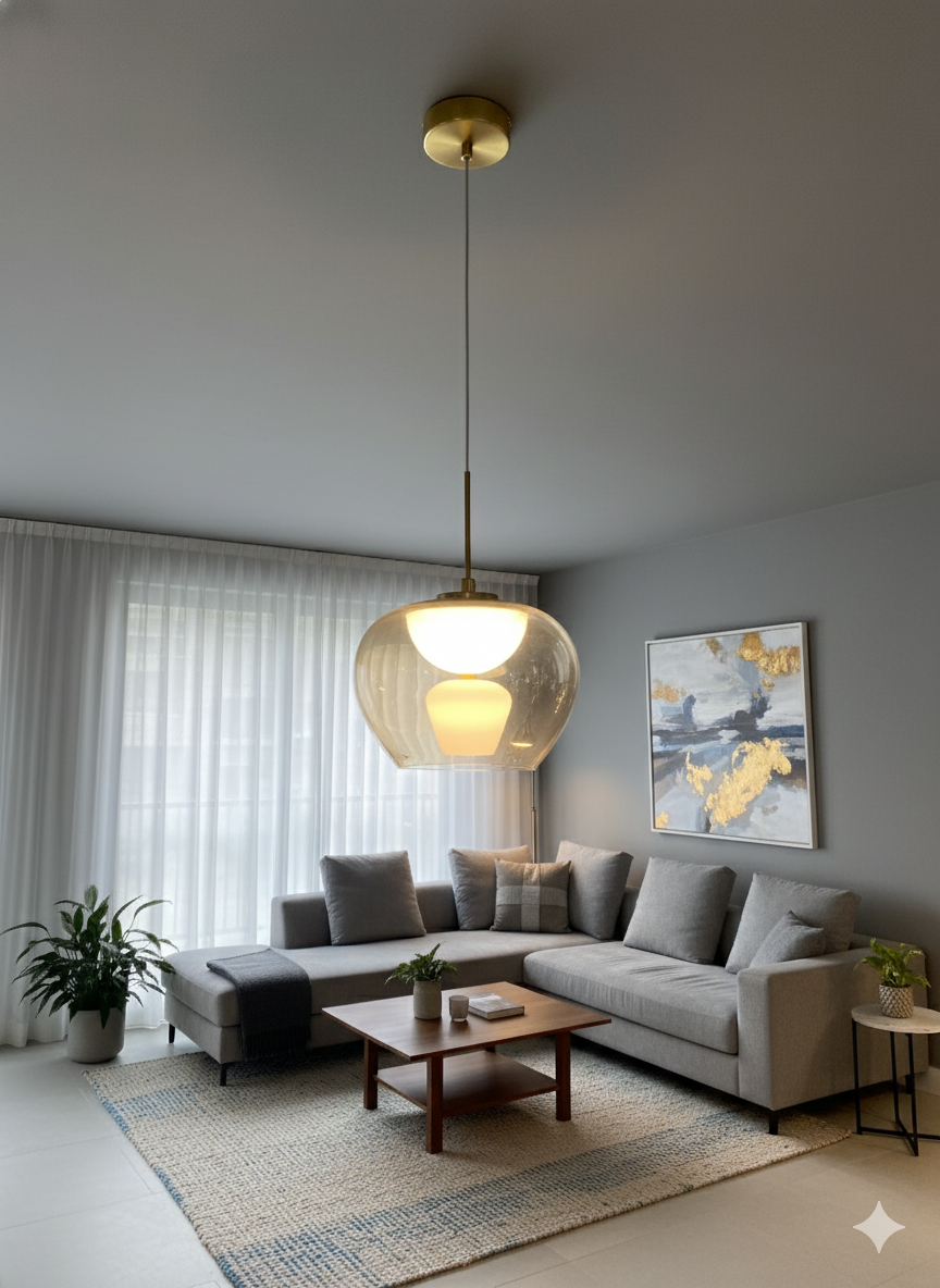 Powerlam Oversized Mid-Century Modern Clear Glass Globe Pendant Light - Brushed Brass | Contemporary Statement Ceiling Fixture for Living Room & Foyer