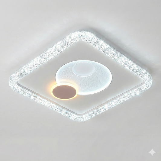 Powerlam LED Ceiling Light, Square Diamond Shape, Crystal Border, Modern Flush Mount, Dual Tone Lighting