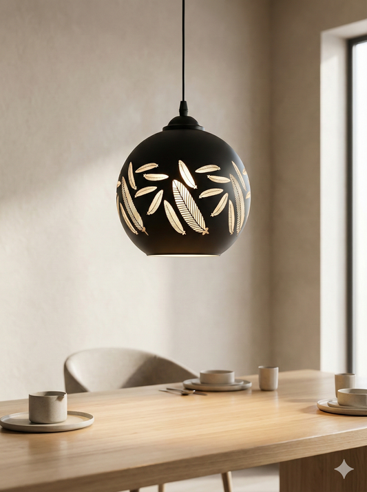Powerlam Pendant Light, Black, Leaf Cutout Design, Globe Shape, Decorative Hanging Lamp