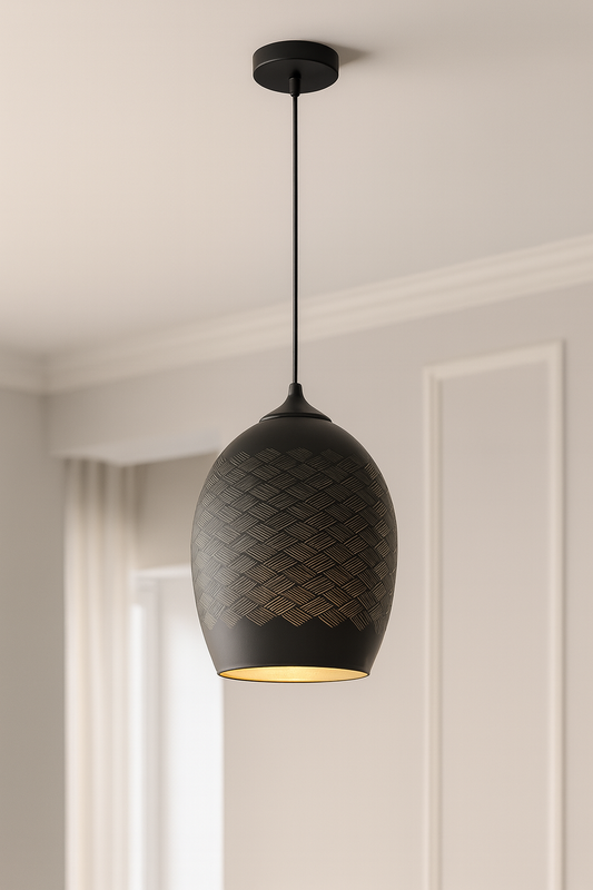 Powerlam Pendant Light, Black, Egg-Shaped Shade with Textured Basketweave Pattern, Gold Interior, Modern Industrial Style
