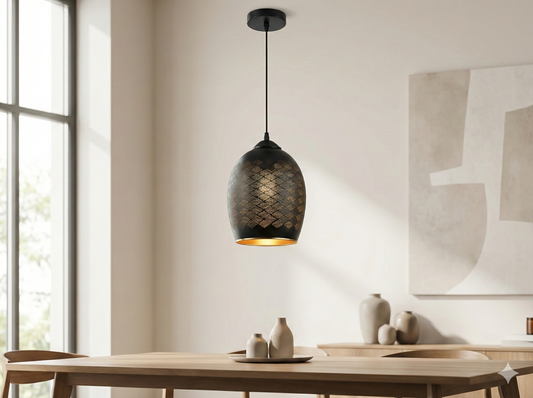 Powerlam Pendant Light, Black, Egg-Shaped Shade with Textured Basketweave Pattern, Gold Interior, Modern Industrial Style