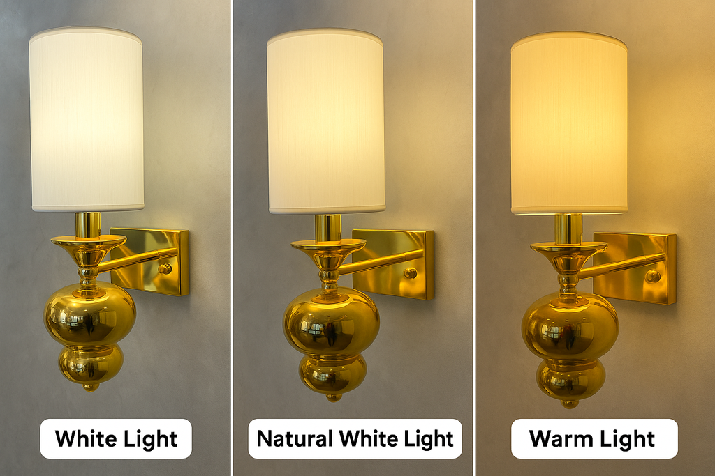 POWERLAM Luxury Golden Wall Light with Fabric Shade & 3 Color Modes (White | Natural | Warm)