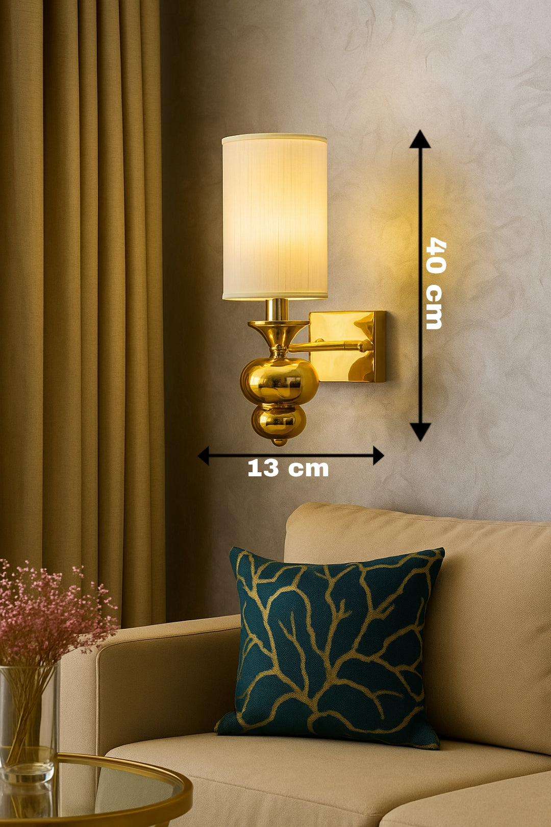 POWERLAM Luxury Golden Wall Light with Fabric Shade & 3 Color Modes (White | Natural | Warm)