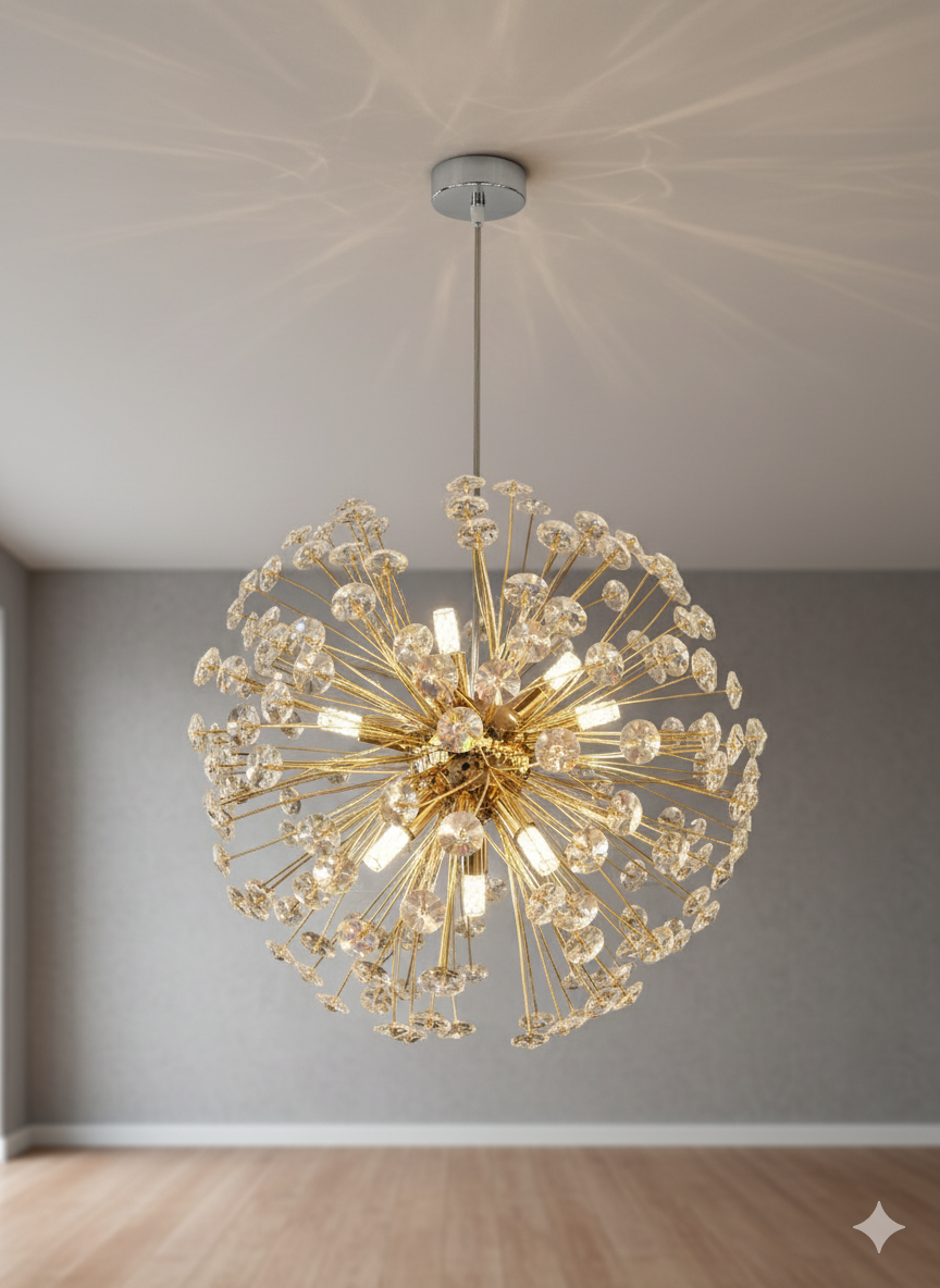 Powerlam Modern Crystal Sputnik Chandelier, Gold Starburst Pendant Light, LED Compatible Ceiling Light Fixture with Dandelion Design