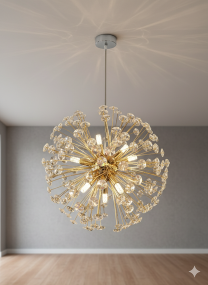 Powerlam Modern Crystal Sputnik Chandelier, Gold Starburst Pendant Light, LED Compatible Ceiling Light Fixture with Dandelion Design