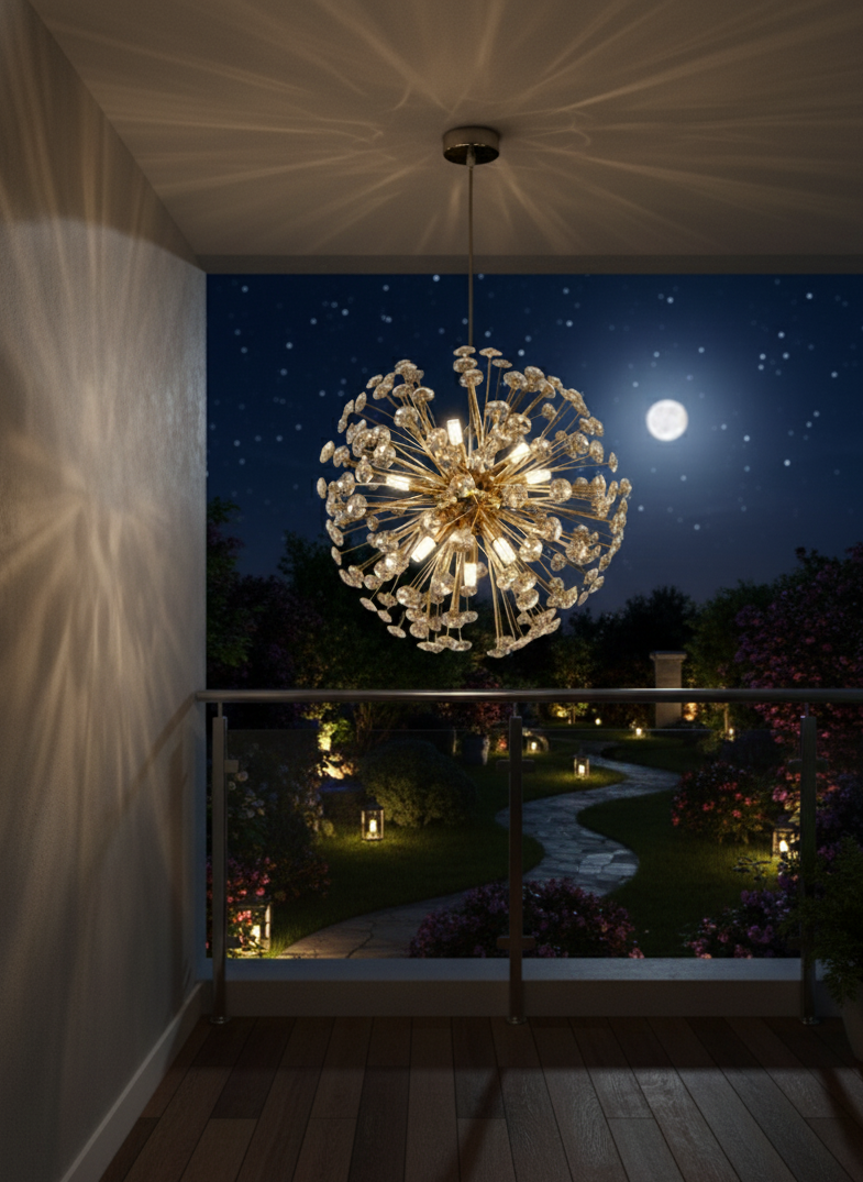 Powerlam Modern Crystal Sputnik Chandelier, Gold Starburst Pendant Light, LED Compatible Ceiling Light Fixture with Dandelion Design