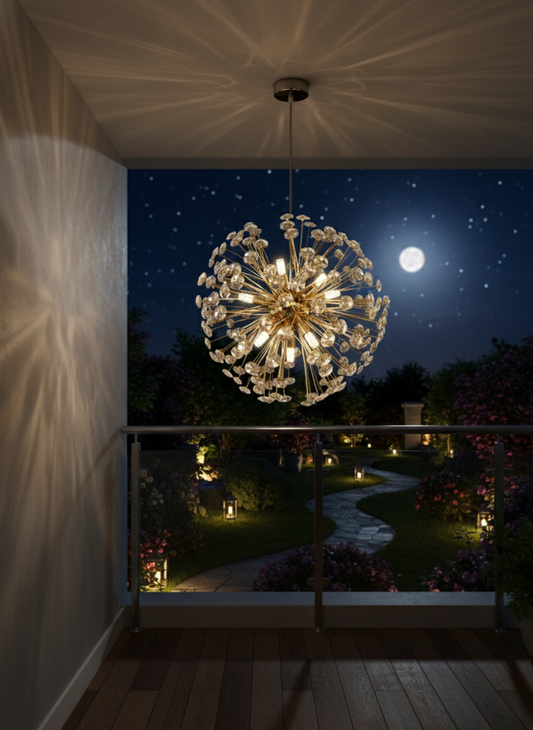 Powerlam Modern Crystal Sputnik Chandelier, Gold Starburst Pendant Light, LED Compatible Ceiling Light Fixture with Dandelion Design