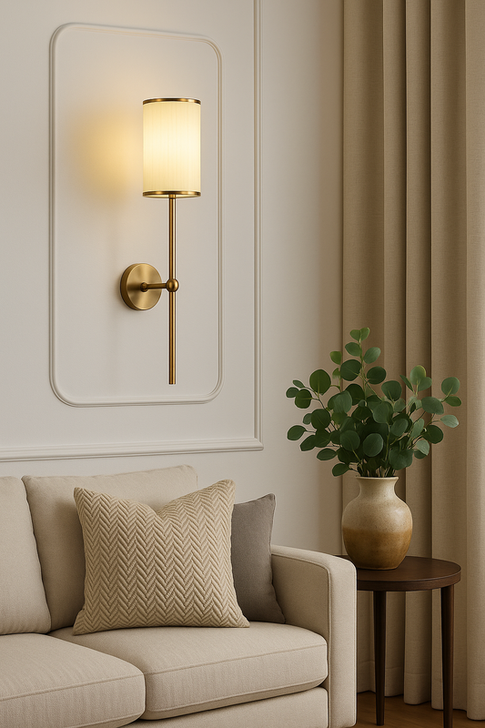 Powerlam Modern Wall Sconce Light, Brass Finish with Cylindrical White Shade, Contemporary Indoor Lighting Fixture (Without Bulb)