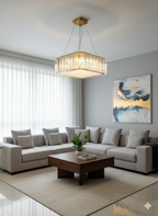 Powerlam Modern Crystal Square Chandelier, Gold Brass Finish, LED Pendant Light with Glass Rods, Contemporary Ceiling Lighting Fixture for Dining Room