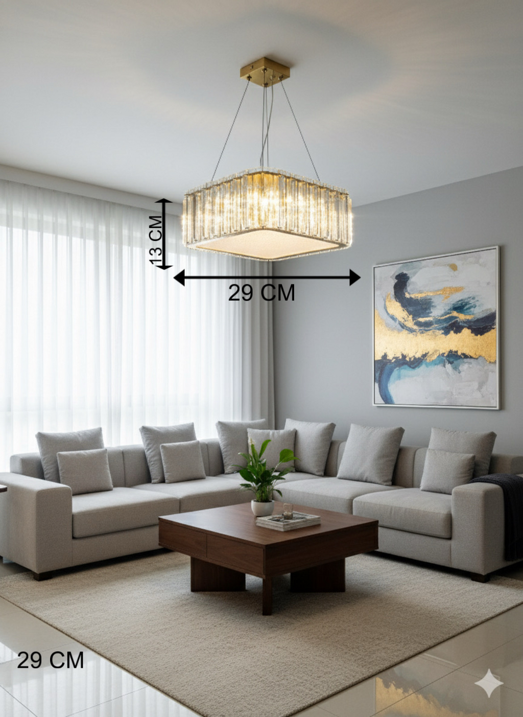 Powerlam Modern Crystal Square Chandelier, Gold Brass Finish, LED Pendant Light with Glass Rods, Contemporary Ceiling Lighting Fixture for Dining Room