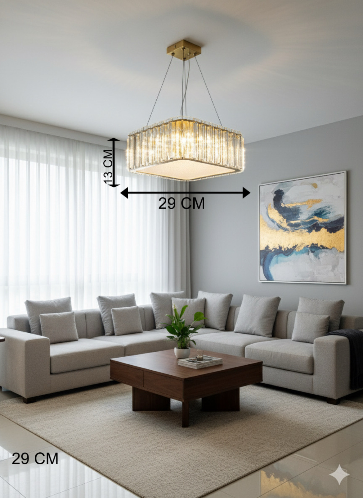 Powerlam Modern Crystal Square Chandelier, Gold Brass Finish, LED Pendant Light with Glass Rods, Contemporary Ceiling Lighting Fixture for Dining Room