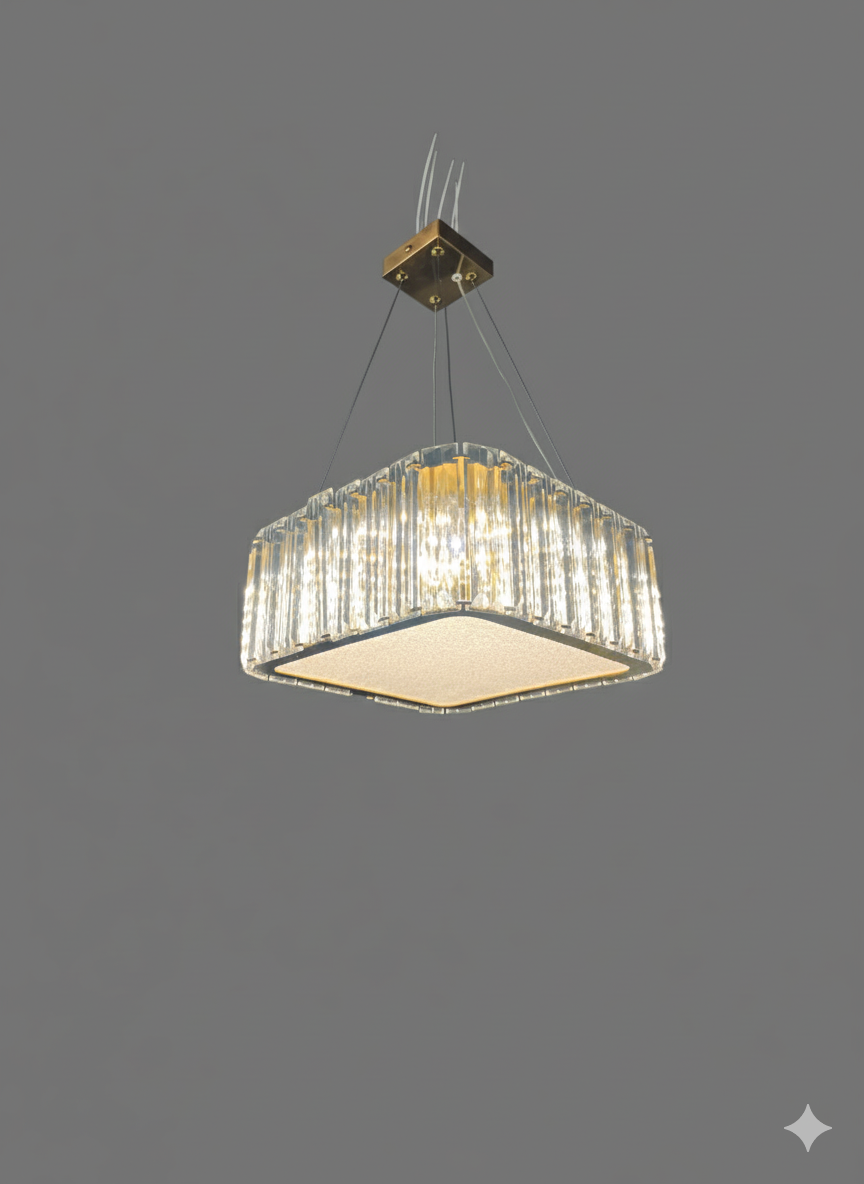 Powerlam Modern Crystal Square Chandelier, Gold Brass Finish, LED Pendant Light with Glass Rods, Contemporary Ceiling Lighting Fixture for Dining Room