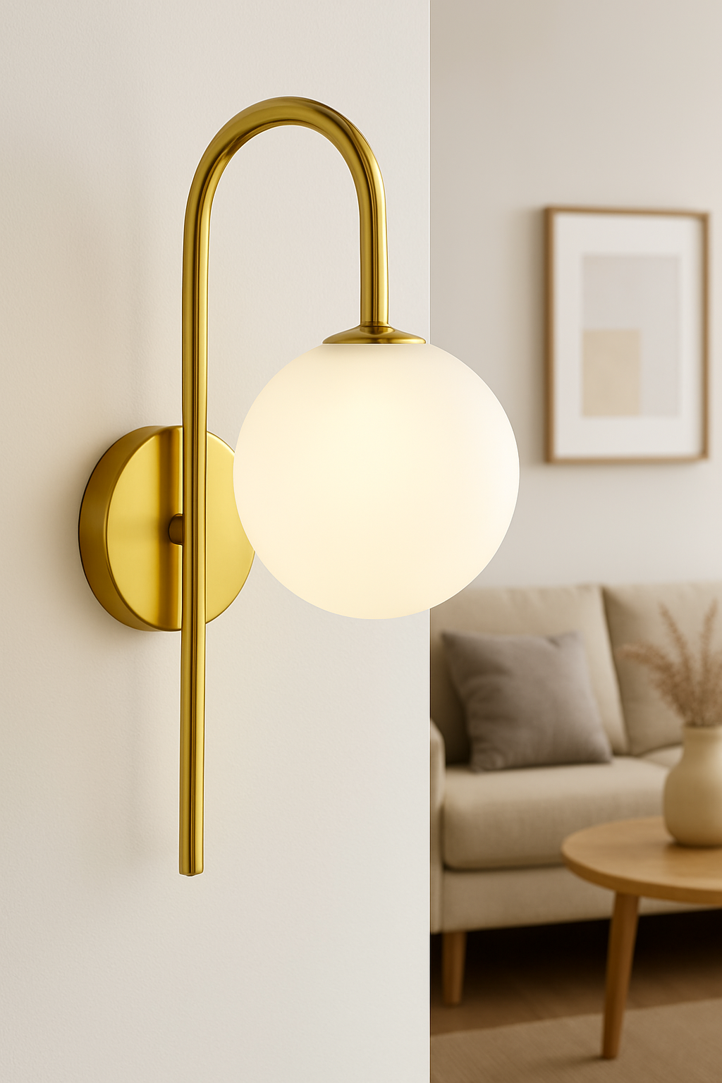 POWERLAM Modern Globe Wall Light with Gold Finish, 34 cm Height, Natural and Warm White, Glass Shade