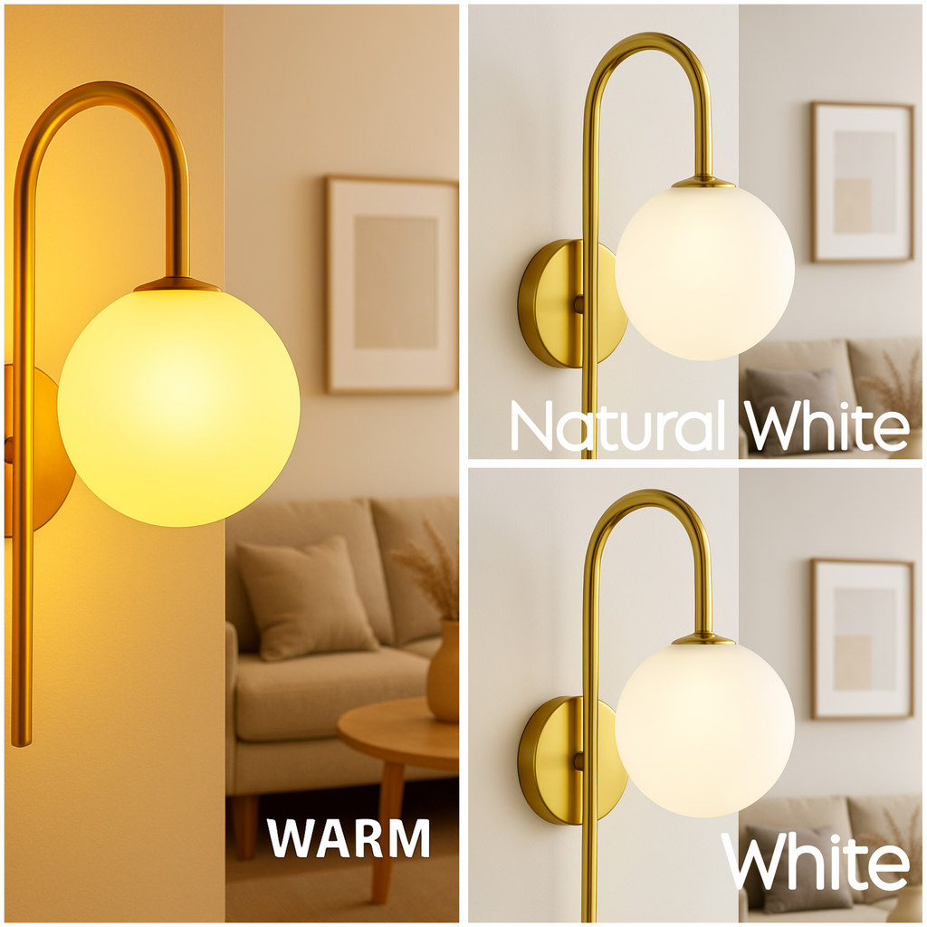 POWERLAM Modern Globe Wall Light with Gold Finish, 34 cm Height, Natural and Warm White, Glass Shade