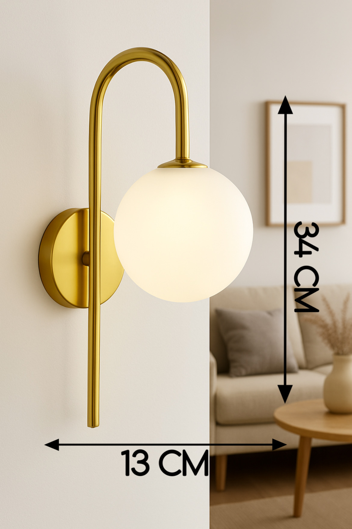 POWERLAM Modern Globe Wall Light with Gold Finish, 34 cm Height, Natural and Warm White, Glass Shade