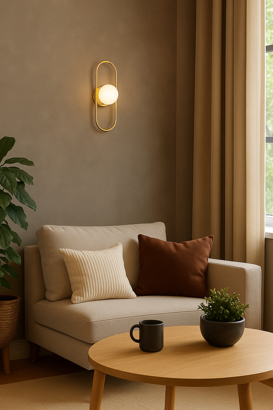 Powerlam Modern Globe Wall Light with Gold Frame, Oval Backplate, White Glass Shade, Contemporary Sconce